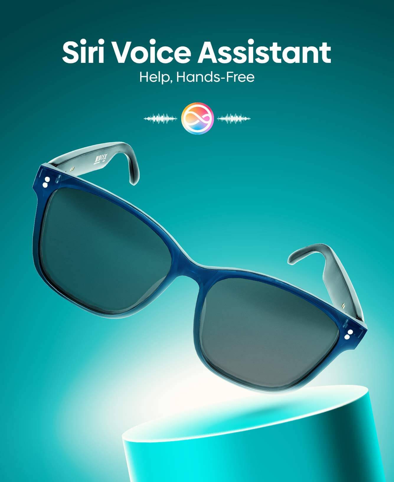 Blue smart sunglasses with dark lenses floating above a glowing cylindrical pedestal on a teal background, with text reading 'Siri Voice Assistant' and 'Help, Hands-Free' and a colorful logo above.