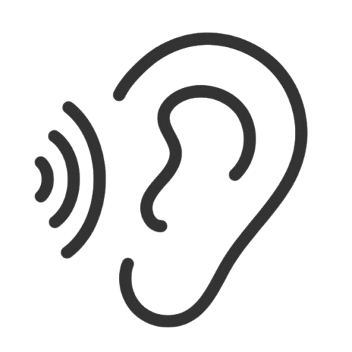 A simple black line icon of an ear with sound waves coming out of the left side, shown on a plain white background.