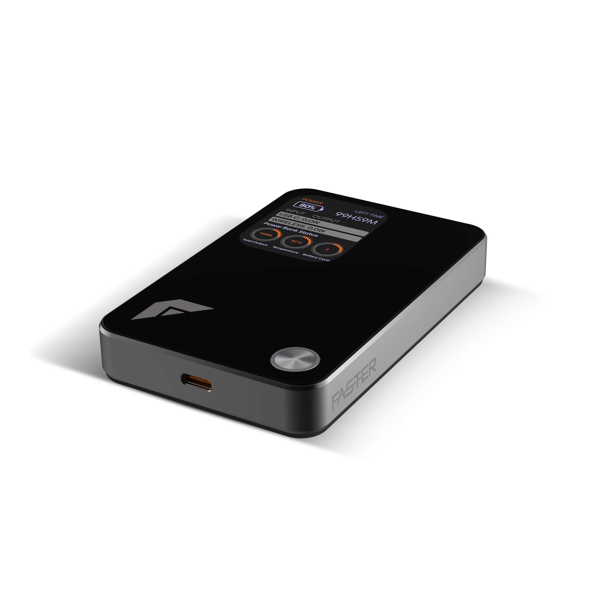 A sleek black rectangular electronic device with a glossy top surface, featuring a small display, a silver circular button, and a USB-C port, shown on a clean white background.