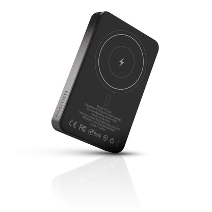 A black rectangular portable power bank with rounded corners, shown at an angle on a white background. The back features a circular wireless charging symbol with a lightning icon in the center, along with regulatory marks and the brand name 'FASTER' printed vertically on the side.
