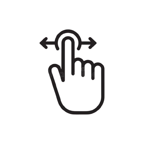 A minimalist black line icon of a hand with a finger touching a curved surface and arrows above it, shown on a plain white background.
