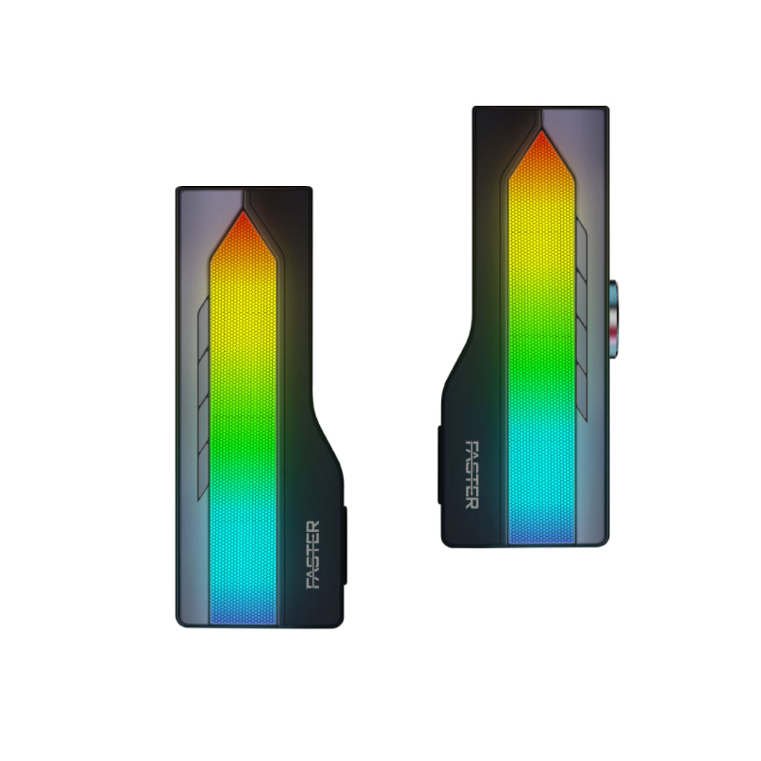 Front side view of Faster G2000 RGB lighting dual gaming wireless speaker