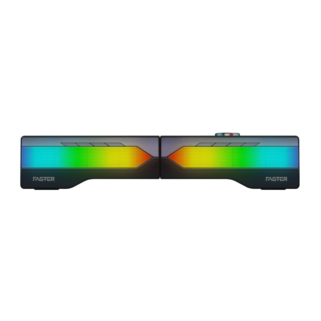 A front side view of Faster G2000 RGB lighting dual gaming wireless speaker