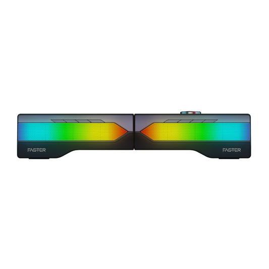 A front side view of Faster G2000 RGB lighting dual gaming wireless speaker