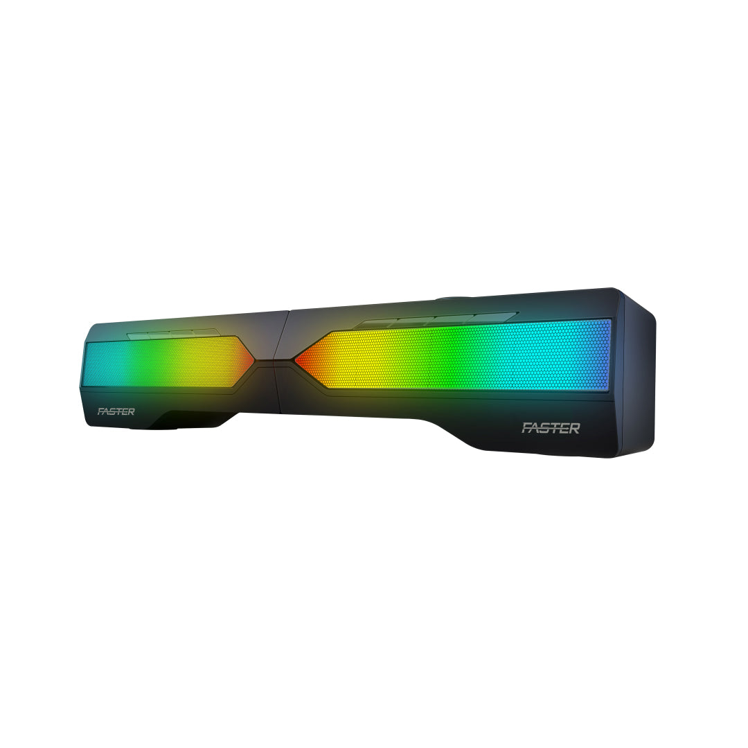 A side view of Faster G2000 RGB lighting dual gaming wireless speaker