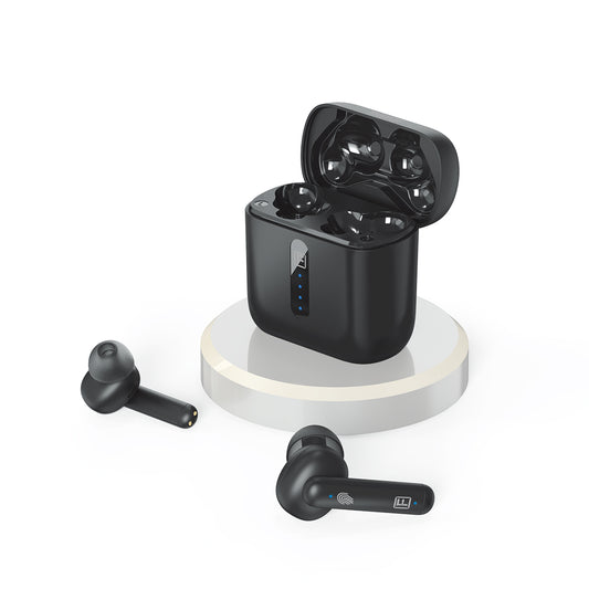 A close up view Faster E20 black TWS In-Ear True Wireless earbuds charging case is placed open on a white stand, with both earbuds taken out from the charging case.