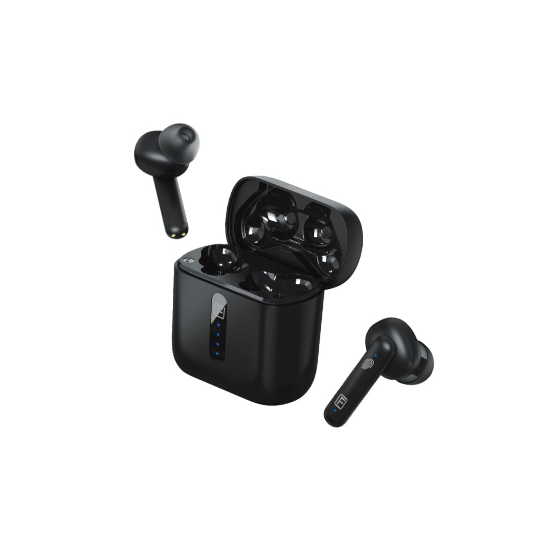 A close up view Faster E20 TWS black  In-Ear True Wireless Noise Reduction Earbuds  charging case is open, both earbuds taken out from the charging case on white background.