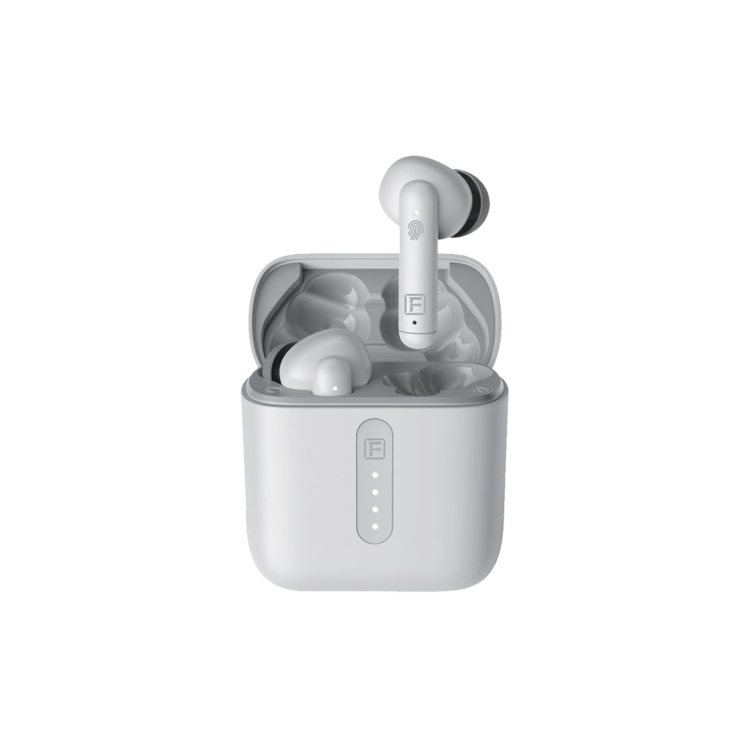 A Faster E20 grey TWS In-ear true wireless Noise Reduction Earbuds charging case is open, with one earbud taken out from the charging case.