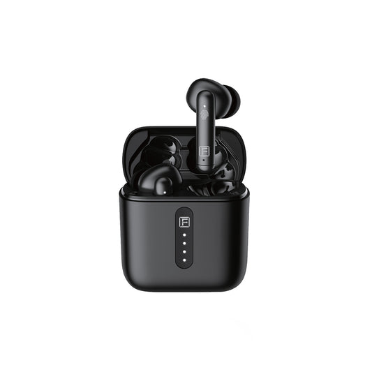 A close up view Faster E20 TWS In-Ear True Wireless Noise Reduction Earbuds chargiing case is open, with one earbuds taken out from the charging case.