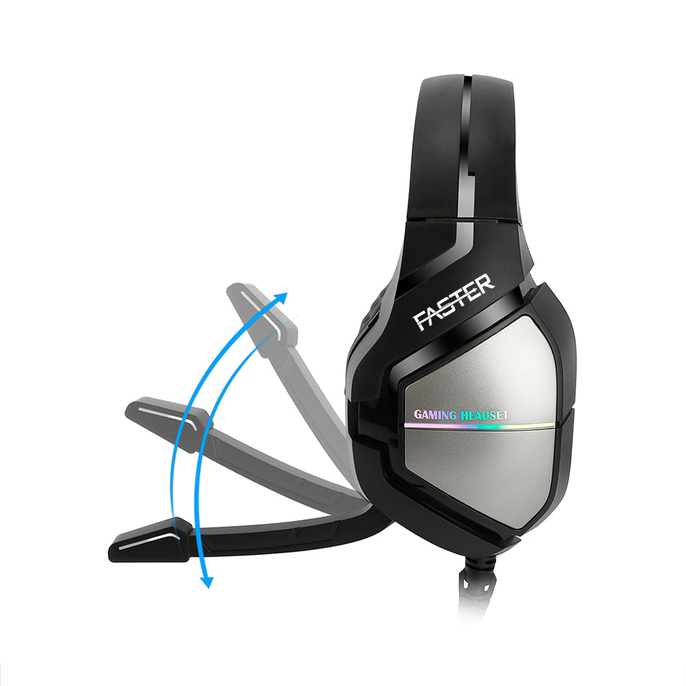 A Faster BluBolt BG-200 Gaming Headset equipped with a noise-canceling microphone, highlighting its adjustable microphone feature.