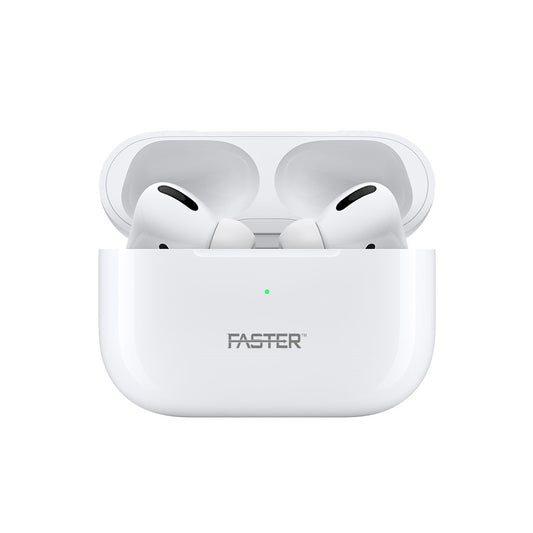 A close-up front-side view open charging case of Faster T10 TWS twin pods Bluetooth earbuds.
