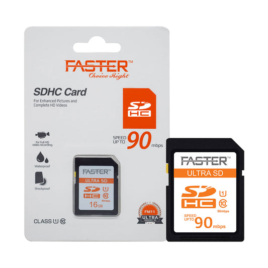 Close up Faster 90 mbps class 10 SDHC card with box pack on white background