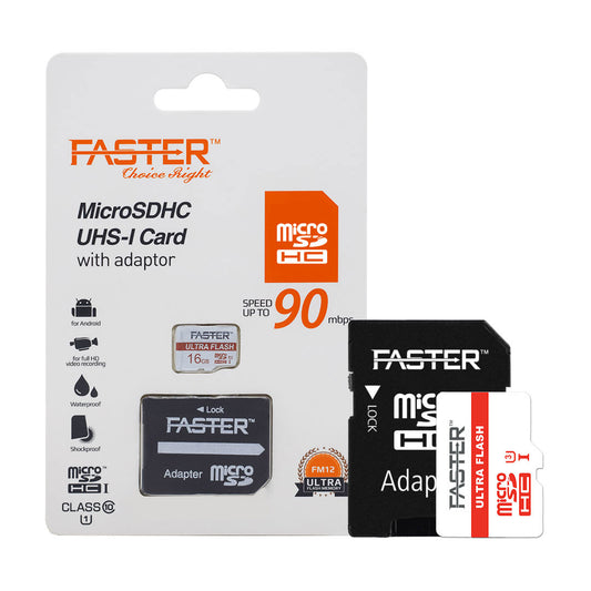 A Close up Front Side View of Faster 90 mbps Class 10 Micro SD Card with box pack on white background