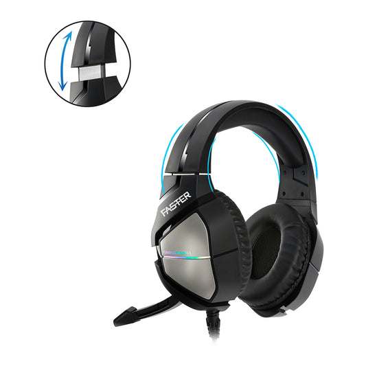 A side view of the Faster BluBolt BG-200 Gaming Headset featuring a noise-canceling microphone with instructions for adjusting the resize feature.