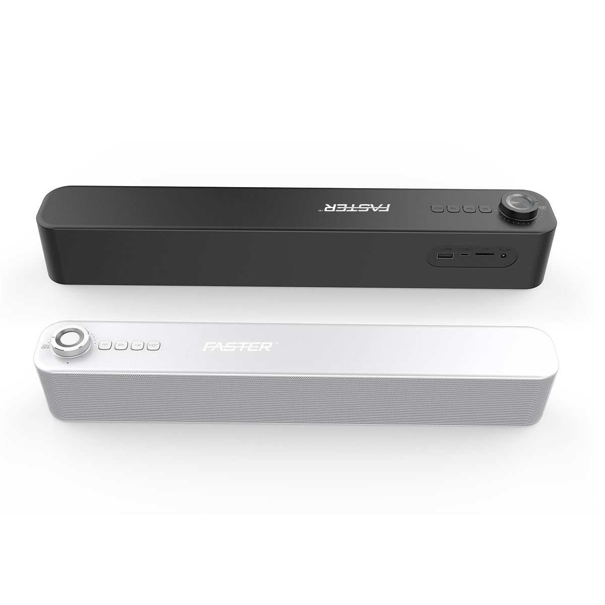 Close-up top view of the Faster Z5 soundbar wireless speaker  on white background