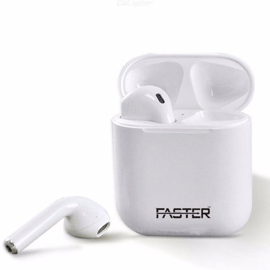 A close up front side view of Faster TW-12 stereo bass sound TWS wireless earbud, one earbud taken out from the charging case on white background  