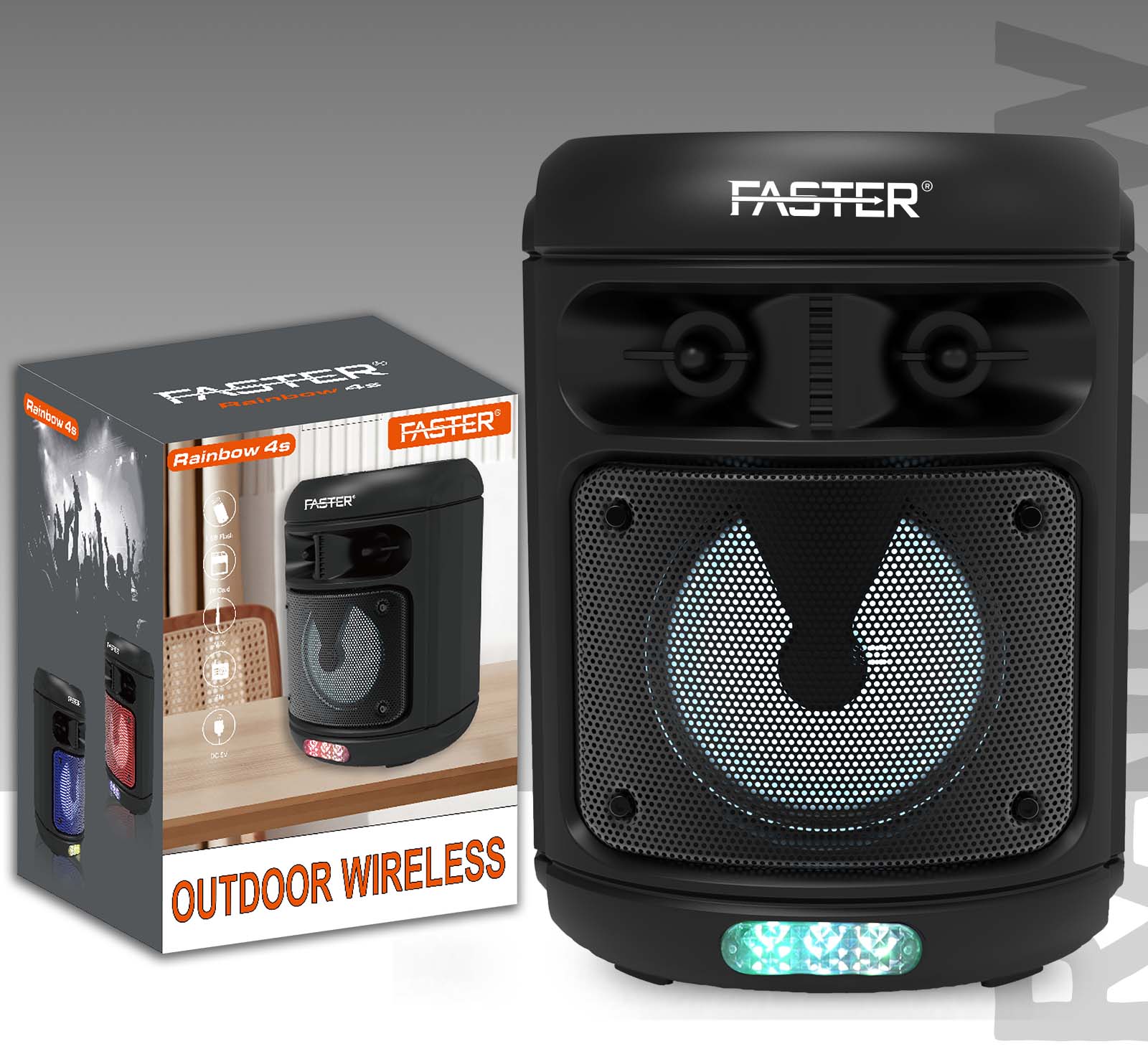 A front side view of Faster Rainbow 4s Portable Wireless Speaker  with box  