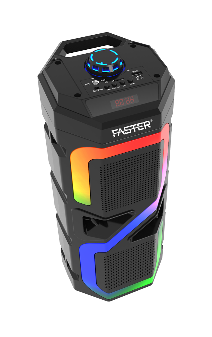 A top side view of Faster Rainbow 7 powerful Bass wireless speaker with Mic