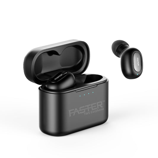 A close-up view of the Faster S600 TWS stereo wireless earbuds with a power box, one earbud taken out from the charging case.