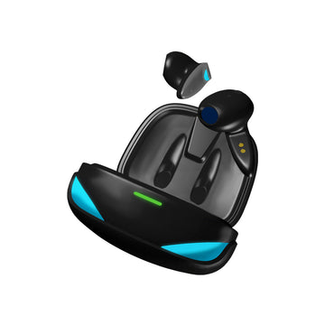 A close up view  open charging case of Faster TG300 Gaming Earbuds, pair of earbud take out from the charging case