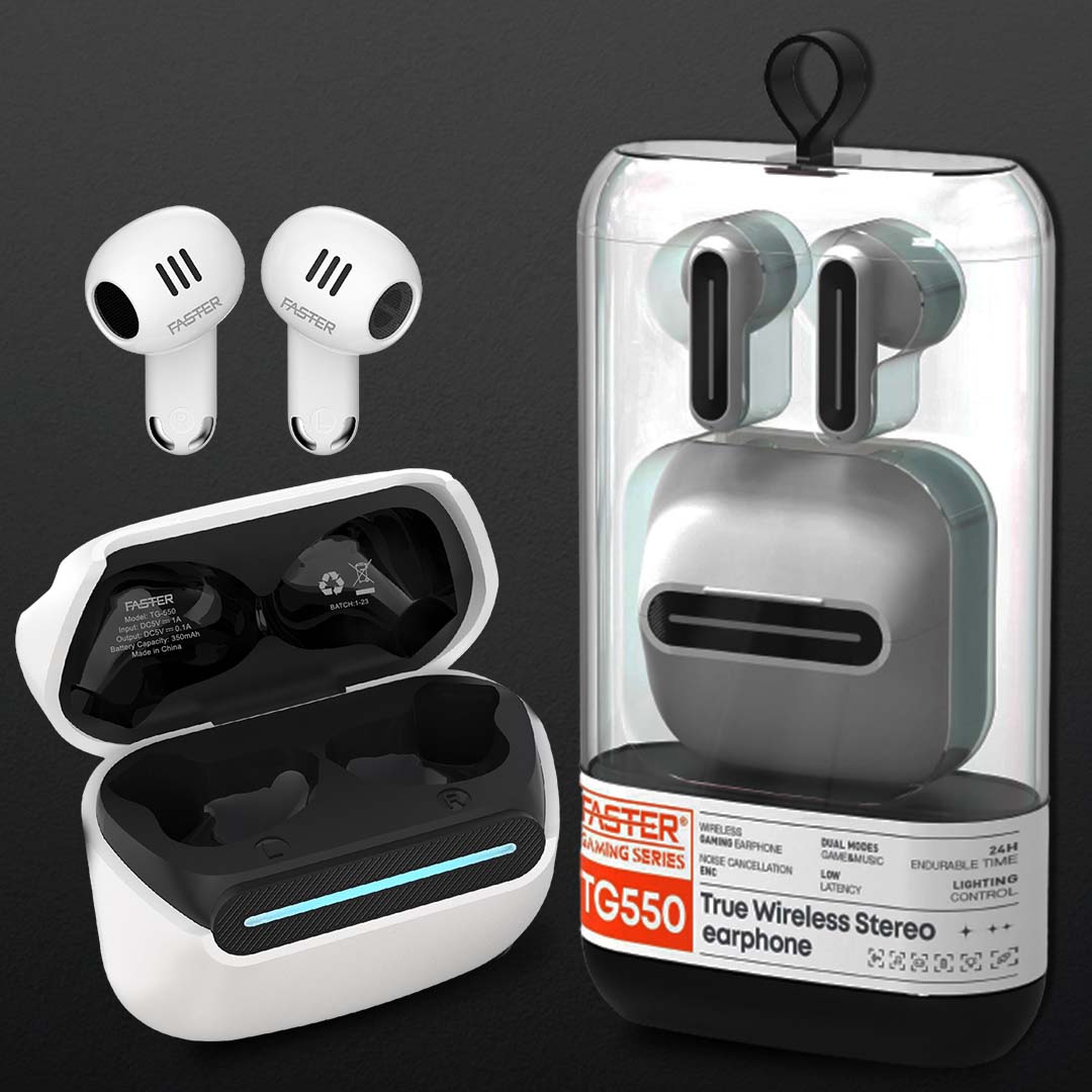 Close up front view of pair of Faster TG550 gaming earbuds delta shaped TWS wireless airpod , earbud taken out from the charging case, one is sealed box pack