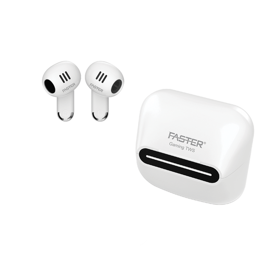 A close up front view of Faster TG550 gaming earbuds delta shaped TWS wireless earbuds, both earbud taken out from the charging case.
