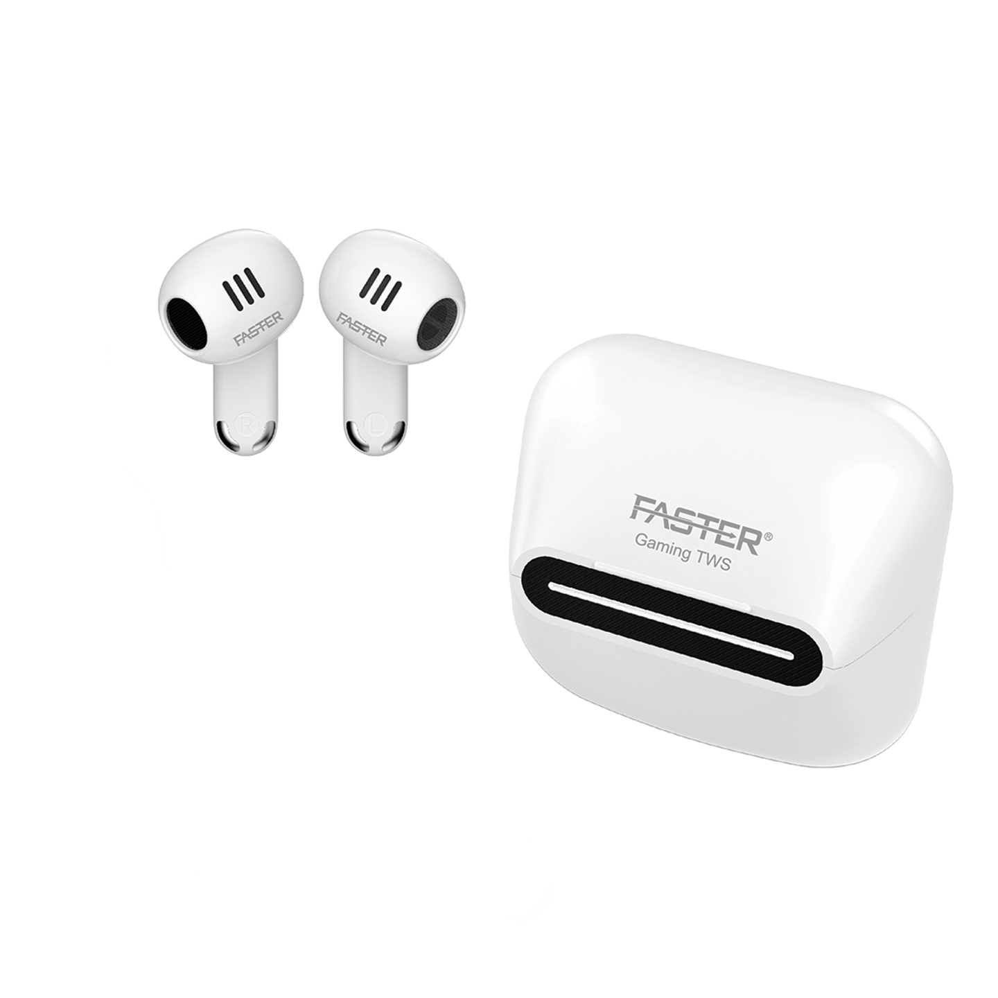 A close up front view of Faster TG550 gaming earbuds delta shaped TWS wireless earbuds, both earbud taken out from the charging case.