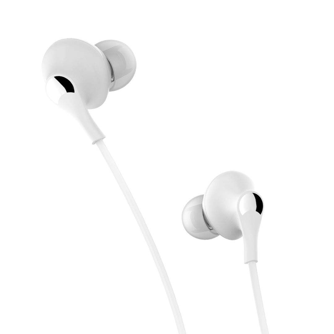 A Faster F13N Stereo Bass Sound In-Ear Handsfree in white on a white background.